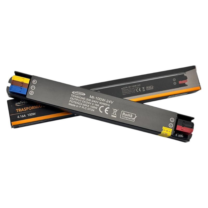 UNIVERSO MI-100W-24V alimentatore switching ultra slim da esterno IP67, potenza 100W, uscita DC 24V 4.16A, ideale per illuminazione LED e installazioni outdoor in giardino, insegne e impianti professionali