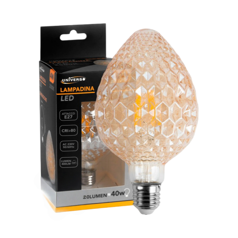 Lampadina LED Vintage a Forma di Pigna – E27 4W, Vetro Ambrato, Luce Calda 2500K