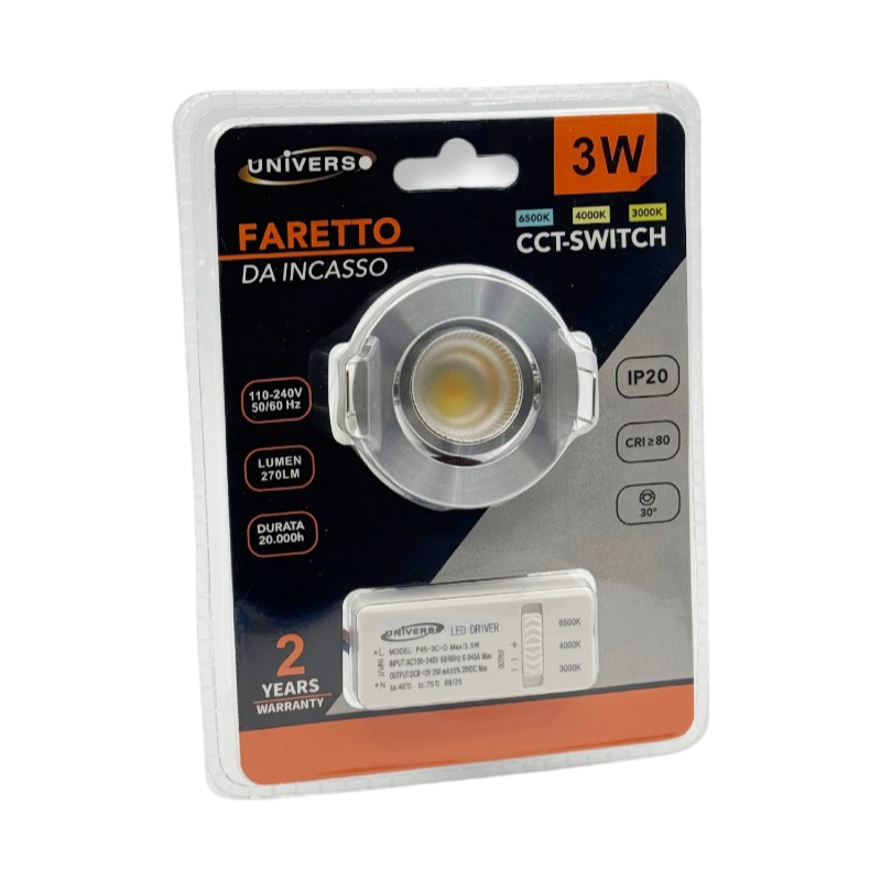 Faretto LED da Incasso Rotondo Universo P-45-B3C – 3W COB, Cromo Satinato, Switch CCT per Luce 3000K/4000K/6500K