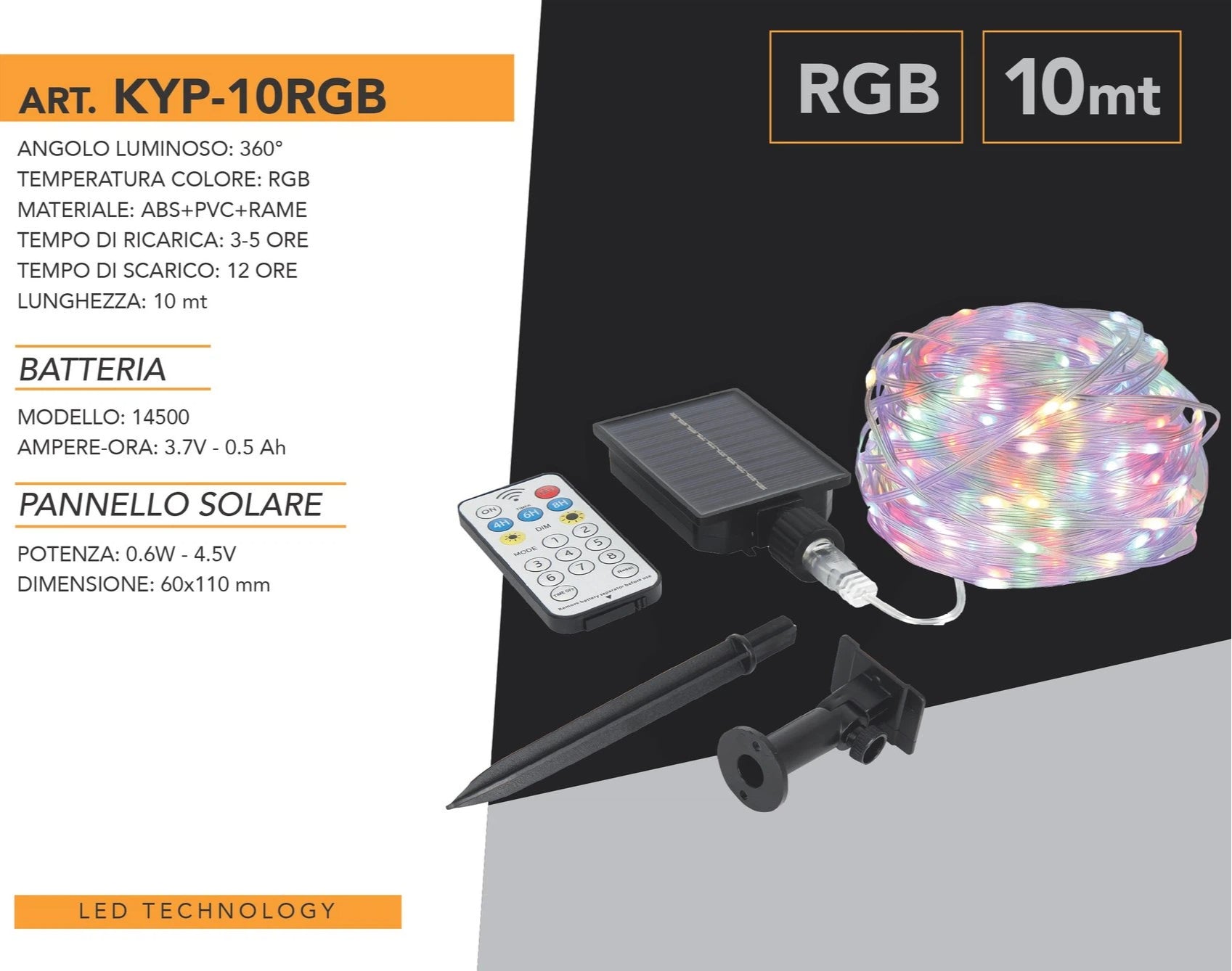 Striscia LED Natalizia Solare 10m con Pannello e Telecomando | Luci 3000K-6500K-RGB IP65 per Esterno