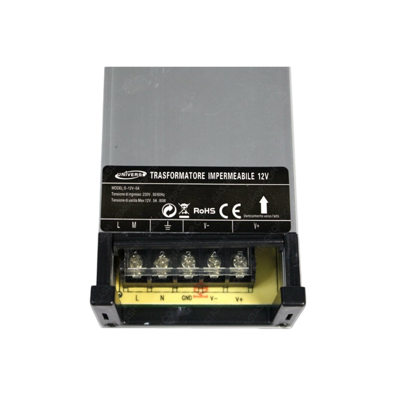 Alimentatore Antipioggia Impermeabile 60W 12V IP55 5A con 1 Uscita e Morsetti a Vite