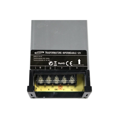 Alimentatore Antipioggia Impermeabile 60W 12V IP55 5A con 1 Uscita e Morsetti a Vite
