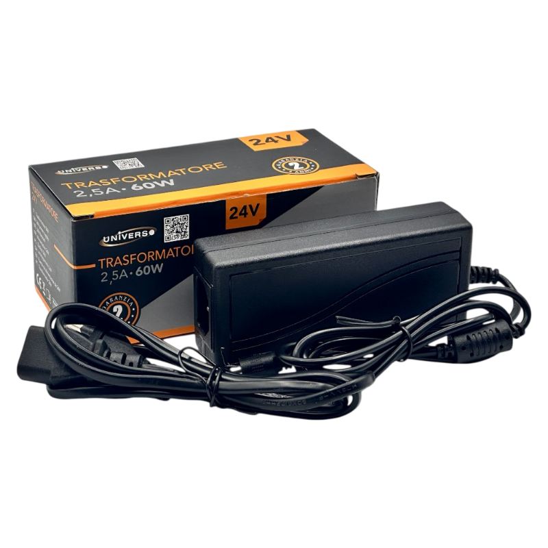 UNIVERSO S-2.5A-24V-N alimentatore desktop 60W DC 24V 2.5A plug & play con jack 2.1, ideale per dispositivi elettronici, strisce LED e applicazioni domestiche e professionali