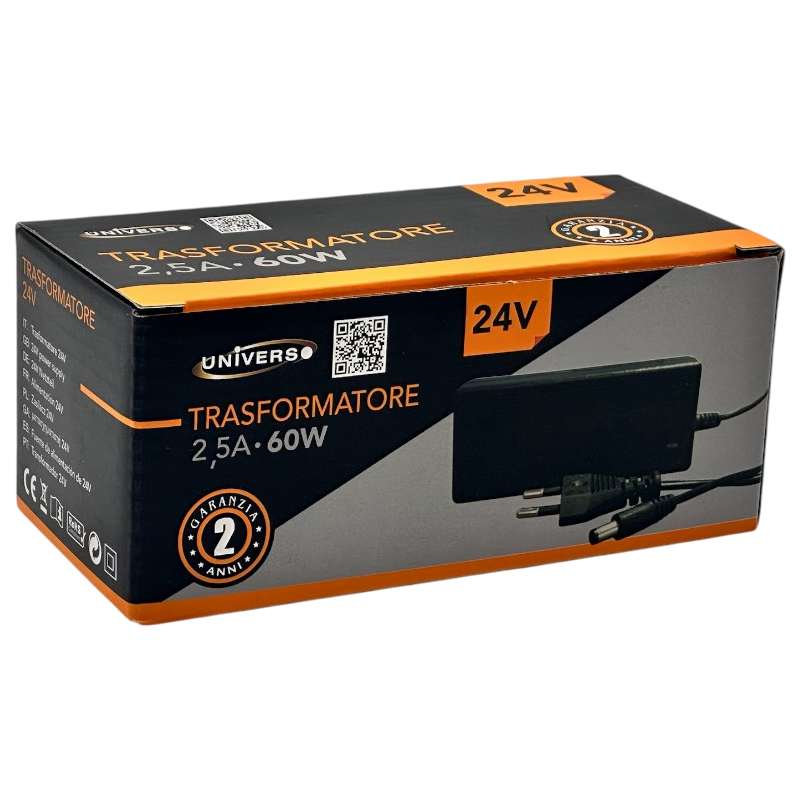 UNIVERSO S-2.5A-24V-N alimentatore desktop 60W DC 24V 2.5A plug & play con jack 2.1, ideale per dispositivi elettronici, strisce LED e applicazioni domestiche e professionali