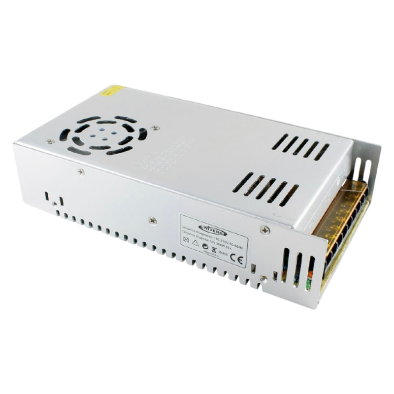 Alimentatore Metallico Stabilizzato Switching con Trimmer DC 12V 30A 360W per Illuminazione e Sistemi di Videosorveglianza CCTV