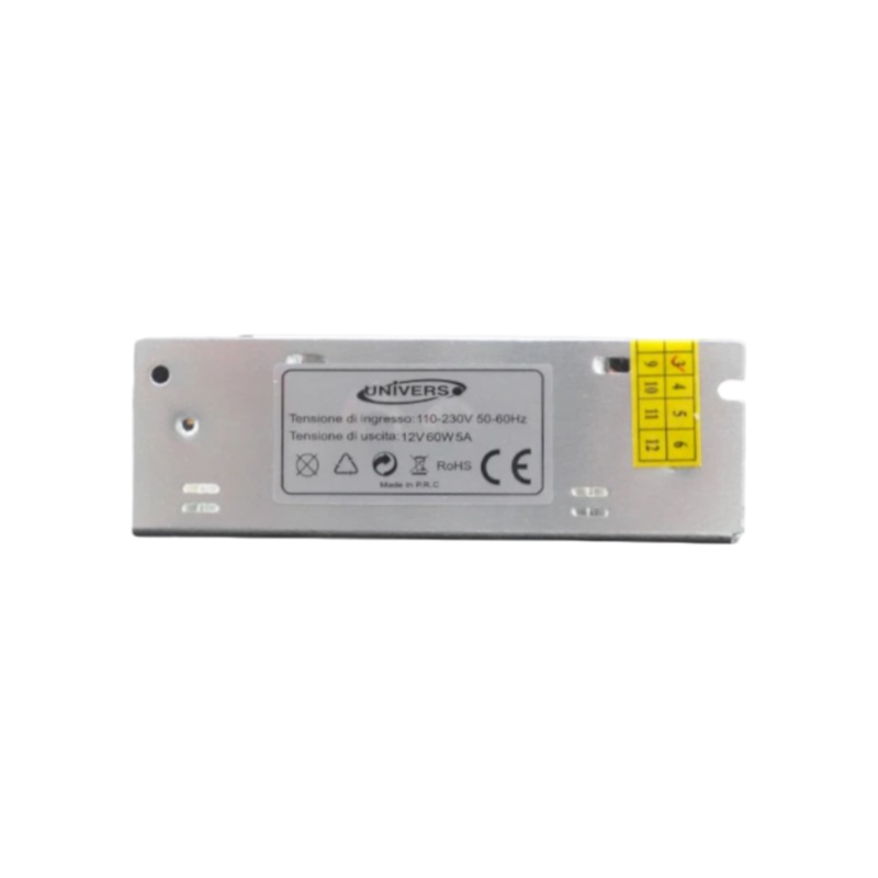 Alimentatore switching stabilizzato in metallo con trimmer 220V-12V 5A 60W, ideale per illuminazione LED e sistemi di videosorveglianza CCTV