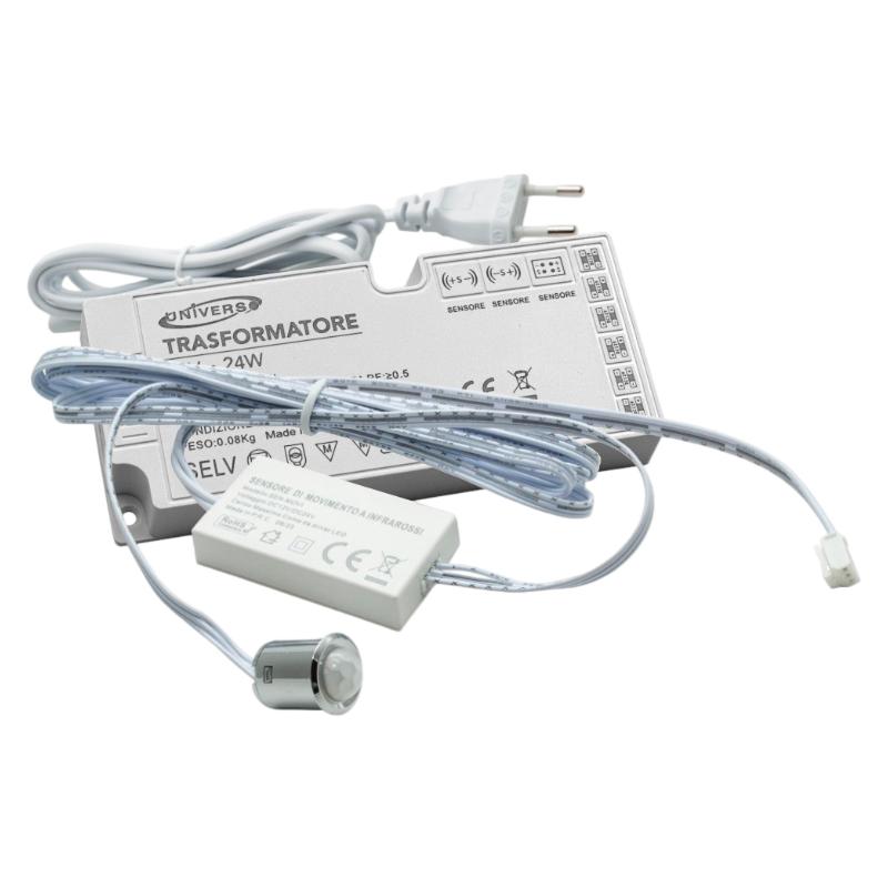 Kit Mini Interruttore con Sensore di Movimento a Infrarossi PIR 12V/24V – Alimentatore 24W, Accensione Automatica per Strisce LED