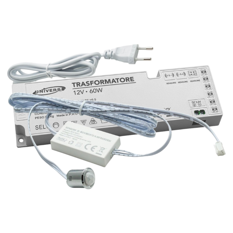 Kit Mini Interruttore con Sensore di Movimento a Infrarossi PIR 12V/24V – Alimentatore 60W, Accensione Automatica per Strisce LED