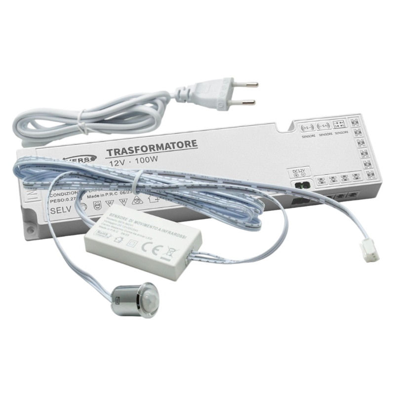 Kit Mini Interruttore con Sensore di Movimento a Infrarossi PIR 12V/24V – Alimentatore 100W, Accensione Automatica per Strisce LED
