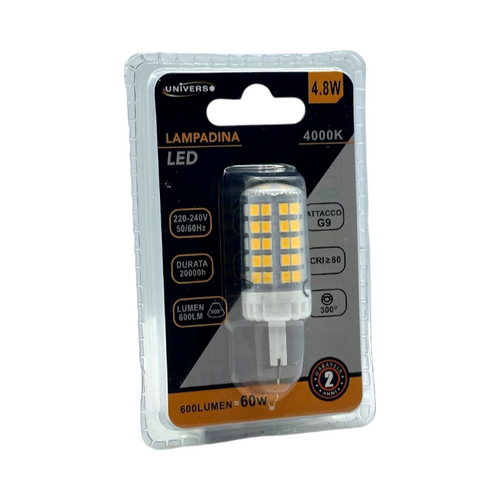 Confezione da 10 Pezzi Universo SPARAC-G9-4.8W-CE5 – Lampadina LED G9, 4.8W Tubolare SMD, 600 Lumen, CCT 3000K/4000K/6500K