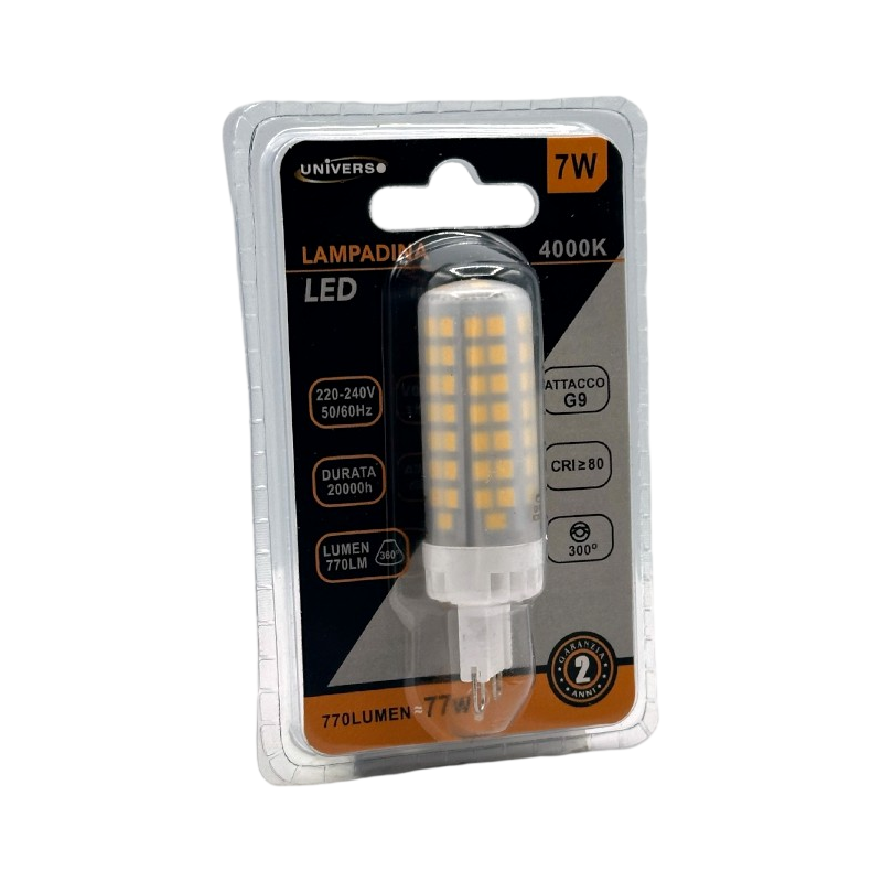 Confezione da 5 Pezzi Universo SPARAC-G9-7W-CE2-N – Lampadina LED G9, 7W Tubolare SMD, 770 Lumen, CCT 3000K/4000K/6500K