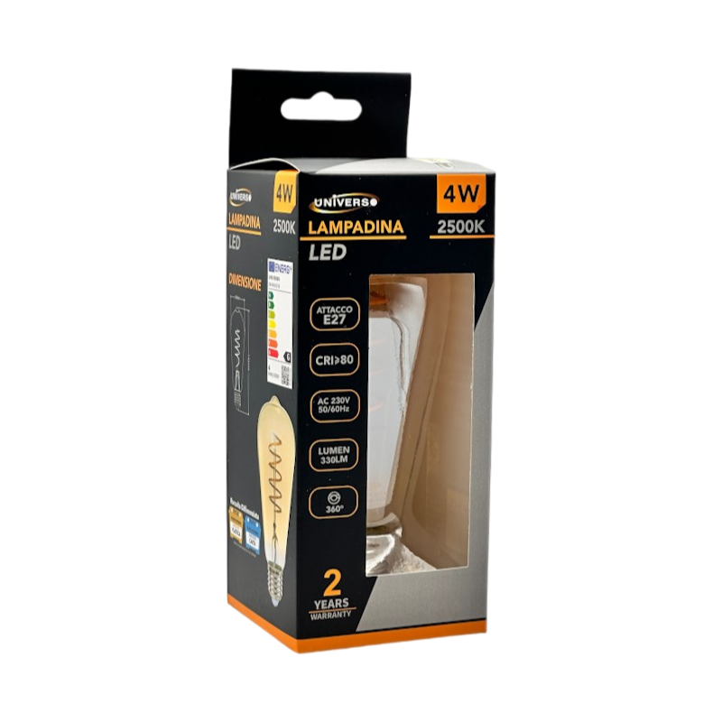 Lampadina LED E27 Universo ST64-S-OC – 4W, Bulb ST64 a Spirale, LED Filamento, Vetro Ambrato, Luce Calda 2500K