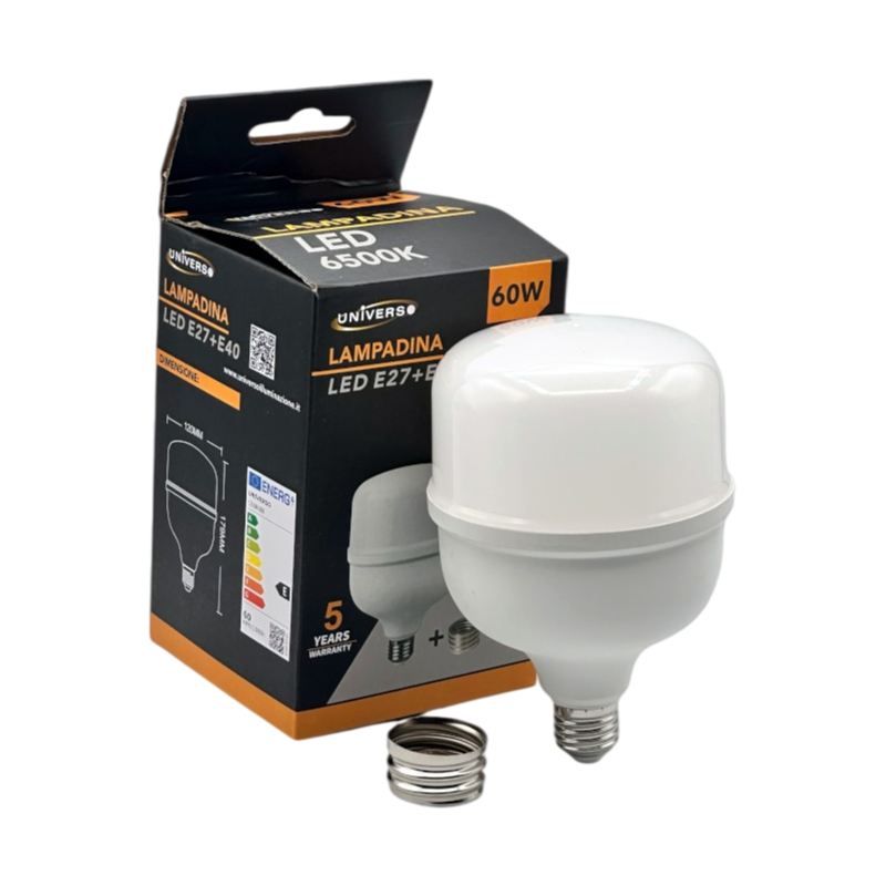 Lampadina SMD LED Universo T120-60W – Attacco E27 + Adattatore E40, Tubolare T120, 60W, 7300 Lumen, CCT 3000K/4000K/6500K
