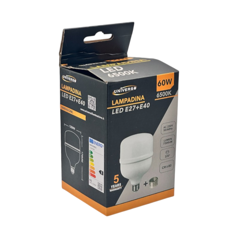 Lampadina SMD LED Universo T160-90W – Attacco E27 + Adattatore E40, Tubolare T160, 90W, 10.800 Lumen, CCT 3000K/4000K/6500K