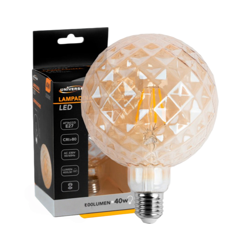Lampadina LED Vintage a Forma di Sfera Sfaccettata – E27 4W, Vetro Ambrato, Luce Calda 2500K