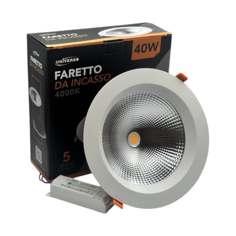 Faretto COB LED da Incasso Rotondo Universo TD08K40-N – 40W Downlight, Colore Bianco, CRI>90, Luce Naturale 4000K