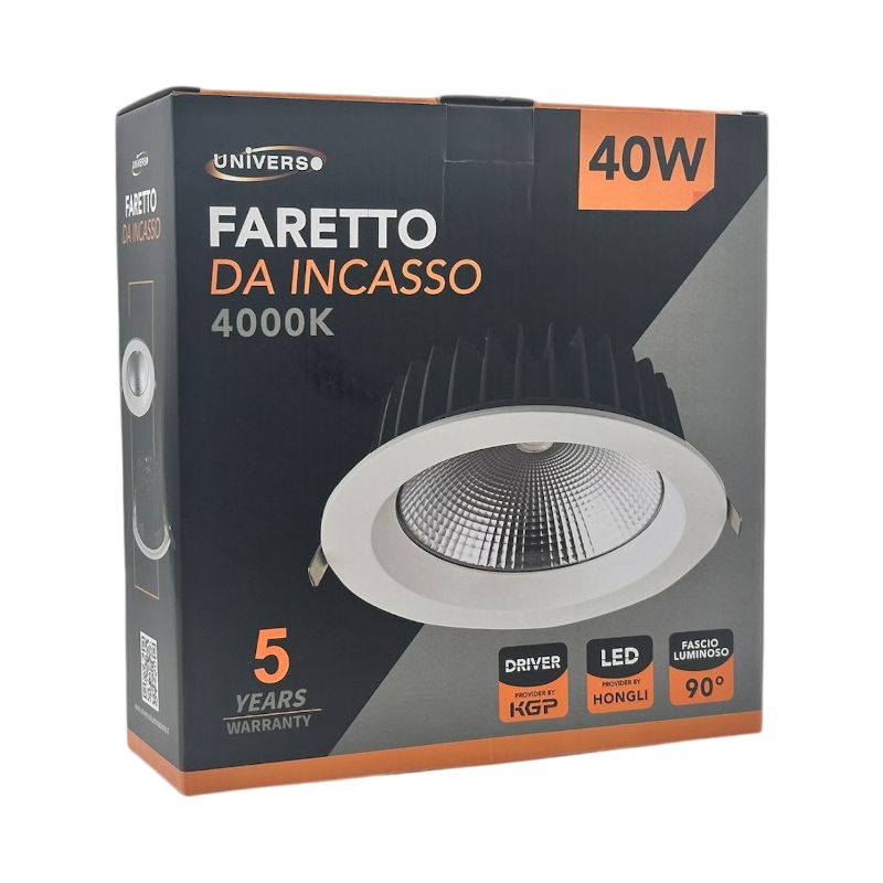 Faretto COB LED da Incasso Rotondo Universo TD08K40-N – 40W Downlight, Colore Bianco, CRI>90, Luce Naturale 4000K