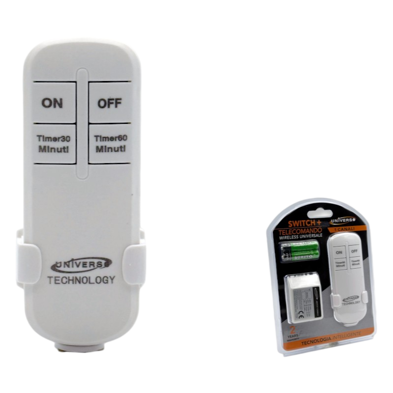 UNIVERSO TE-A telecomando wireless switch 1 canale ON/OFF con timer 30/60 minuti e portata fino a 100 m, ideale per controllo remoto di luci e dispositivi elettrici in casa, garage e ambienti interni
