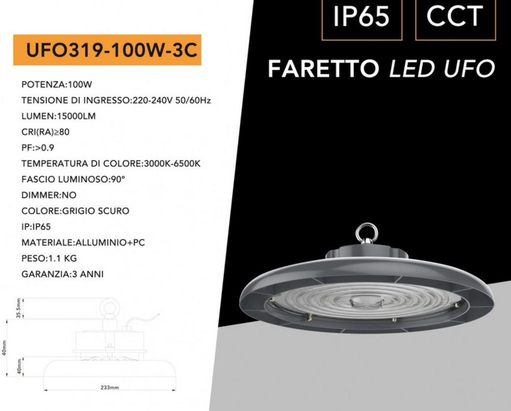 UNIVERSO UFO319-100W-3C Lampada Industriale LED SMD 100W High Bay con CCT Switch Selezione Colore Luce