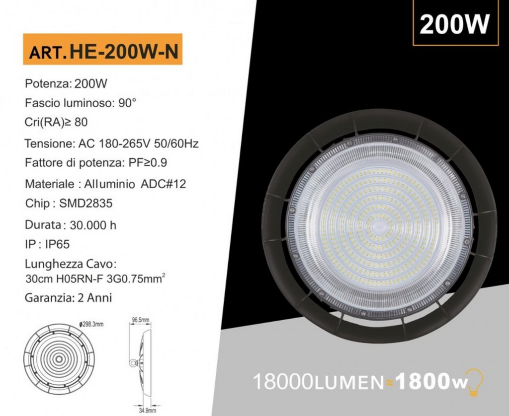 UNIVERSO HE-200W-N Campana LED UFO 200W Ultra Slim – Lampada Industriale a Sospensione da Esterno IP65 18.000 Lumen