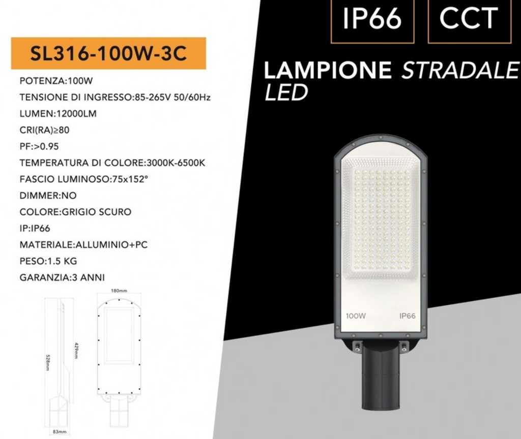 UNIVERSO SL316-100W-3C Lampada Lampione Armatura Stradale LED SMD 100W IP65 con CCT Switch Selezione Colore Luce