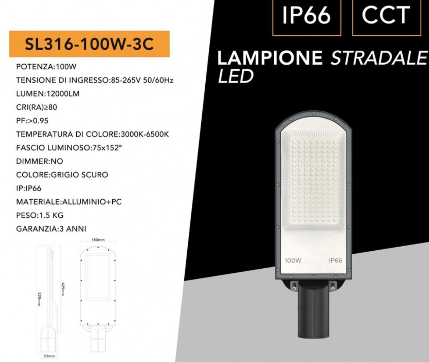 UNIVERSO SL316-100W-3C Lampada Lampione Armatura Stradale LED SMD 100W IP65 con CCT Switch Selezione Colore Luce