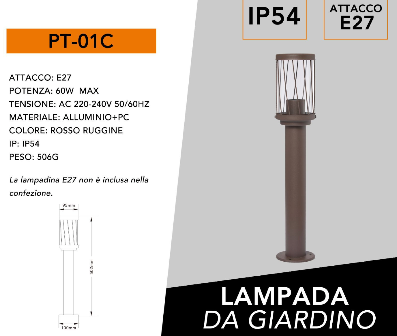 UNIVERSO PT-01C Lampioncino da Giardino in Alluminio Rosso Ruggine con Attacco E27 da Esterno IP54