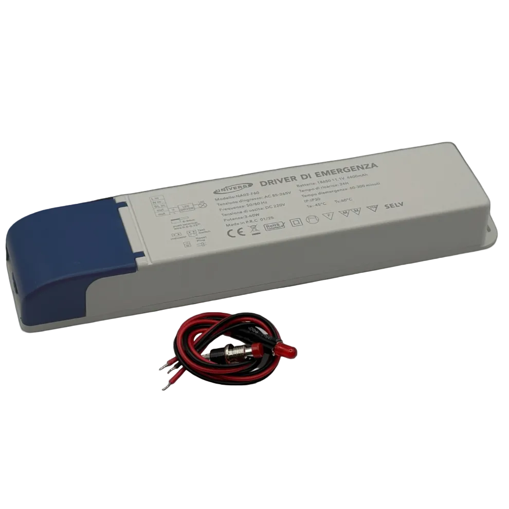 UNIVERSO NA02-F60 Driver di Emergenza per Lampade LED 3W–60W con Autonomia fino a 300 Minuti – Uscita DC 220V