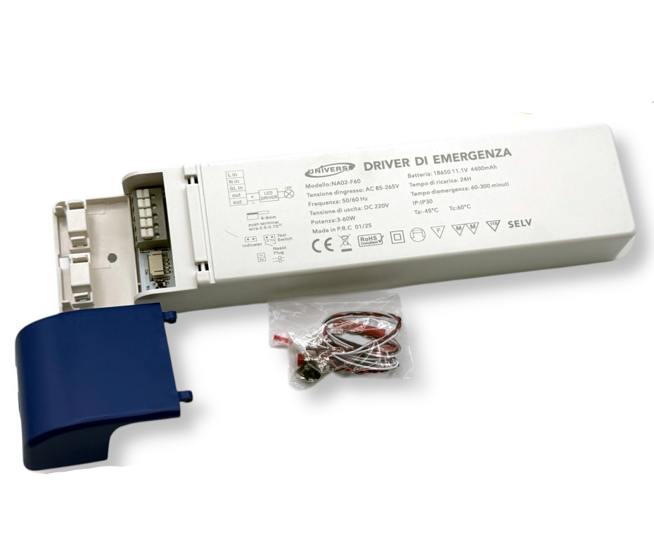 UNIVERSO NA02-F60 Driver di Emergenza per Lampade LED 3W–60W con Autonomia fino a 300 Minuti – Uscita DC 220V