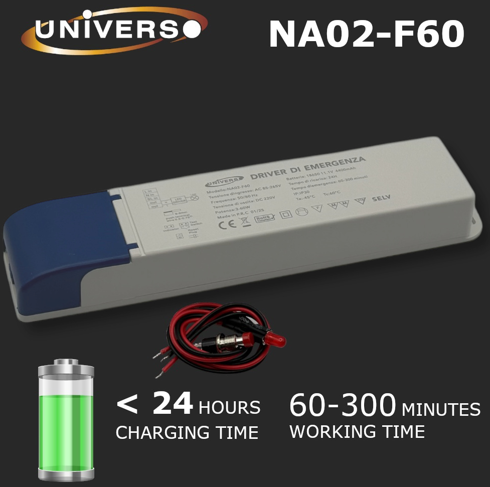 UNIVERSO NA02-F60 Driver di Emergenza per Lampade LED 3W–60W con Autonomia fino a 300 Minuti – Uscita DC 220V
