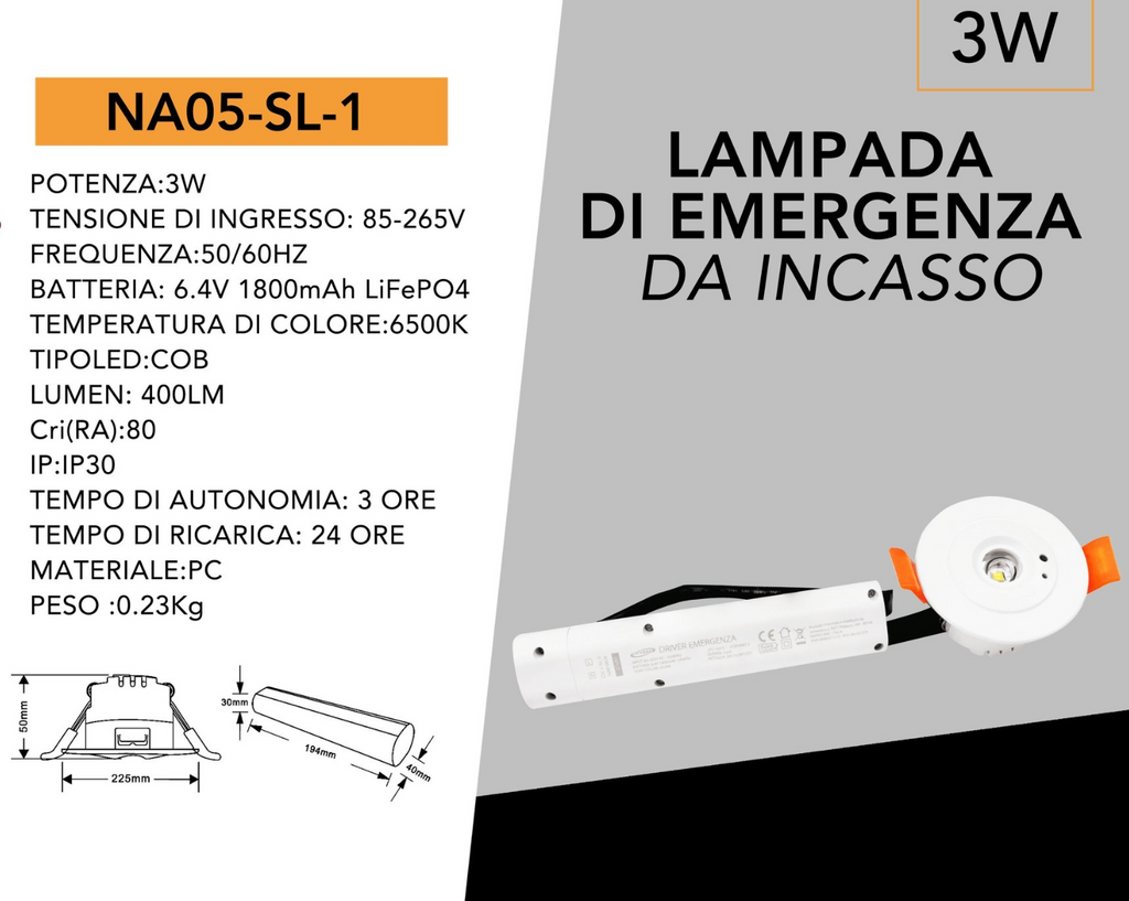 Faretto LED di Emergenza Anti Black-Out da Incasso 3W con Autonomia 3 Ore – Bianco Freddo
