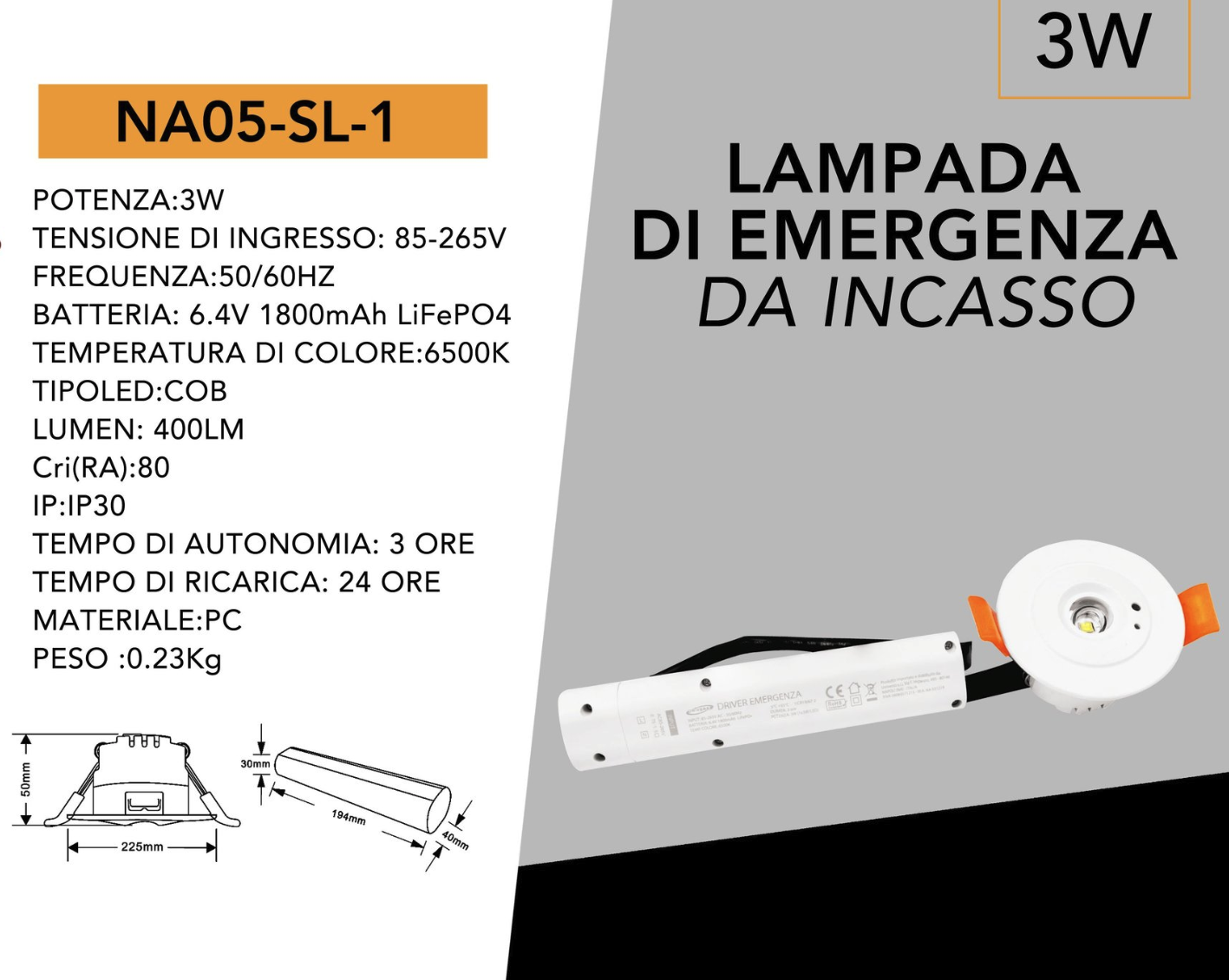 Faretto LED di Emergenza Anti Black-Out da Incasso 3W con Autonomia 3 Ore – Bianco Freddo