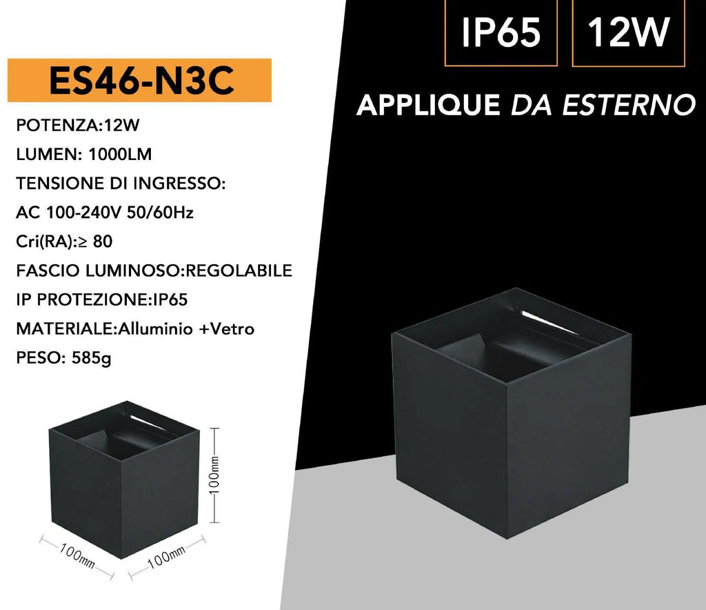 Applique Lampada a Muro Nera – Doppio LED COB 12W con Fascio Regolabile, IP55 per Esterno
