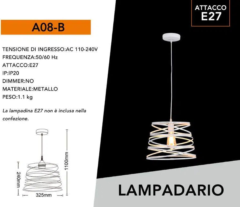 Lampadario Moderno a Sospensione – Paralume in Metallo Traforato a Vortice, Attacco E27, Colore Bianco, Nero o Tortora