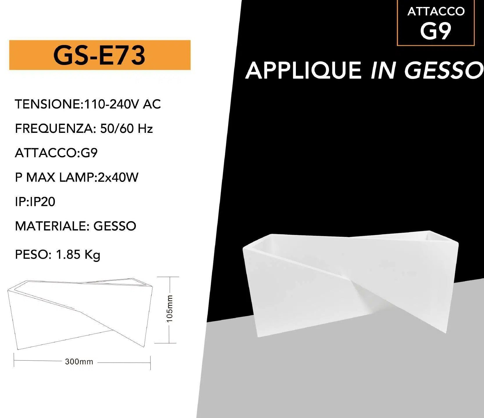 Portalampada Applique da Parete in Gesso Verniciabile Rettangolare – Doppia Emissione Luminosa Up/Down, Lampada Contemporanea con 2 Attacchi G9