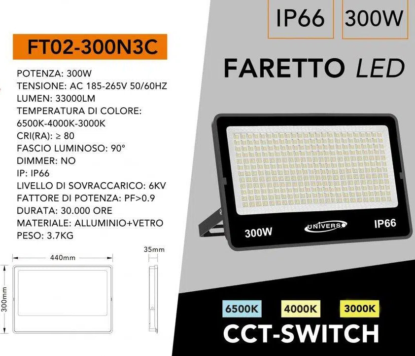 Proiettore LED Ultra Slim SMD UNIVERSO FT02-300N3C 300W | CCT Selezionabile IP66