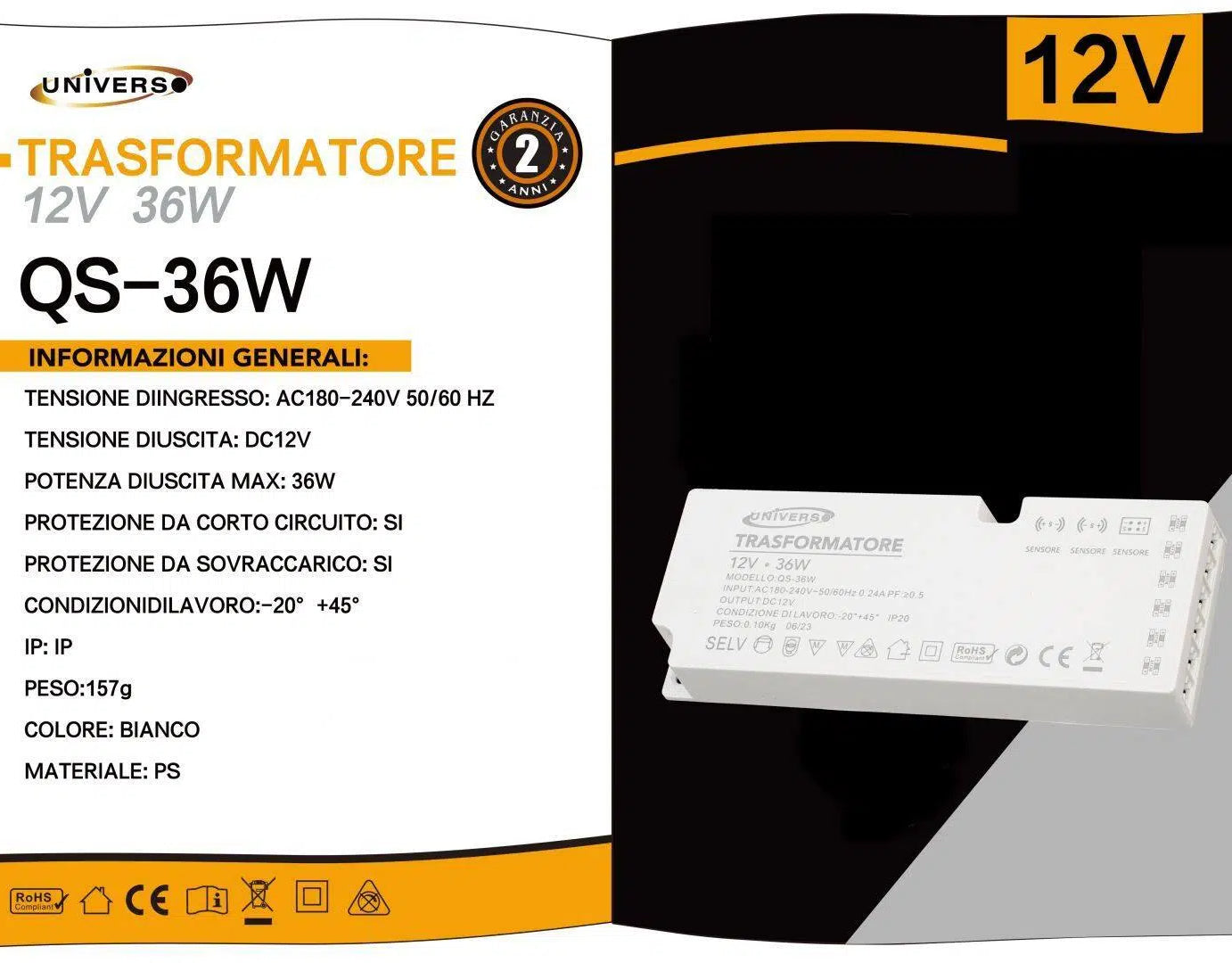 Alimentatore switching DC 12V 36W 3A con 6 uscite e 3 ingressi per sensore, ideale per strip LED e impianti di illuminazione LED domestici e professionali