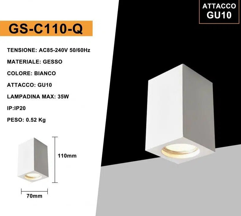 Portafaretto Quadrato in Gesso Verniciabile UNIVERSO GS-C110-Q | Montaggio Superficiale per GU10/GU5.3