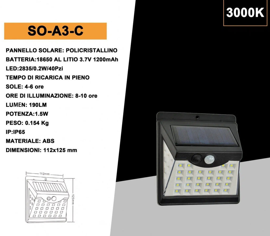 Applique Lampada SMD LED per Esterno IP65 con Pannello Solare e Sensore di Movimento – 120 Lumen, Illuminazione Autonoma