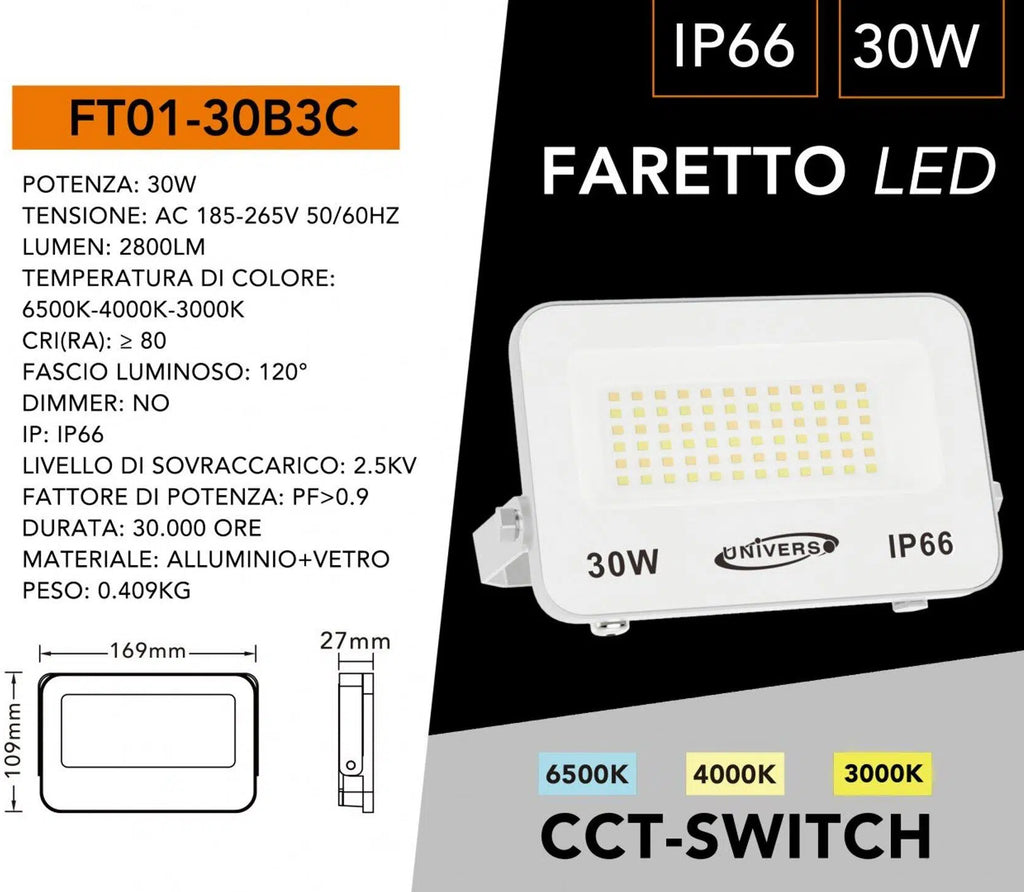 Proiettore LED Ultra Slim SMD UNIVERSO FT01-30B3C 30W | CCT Selezionabile IP66