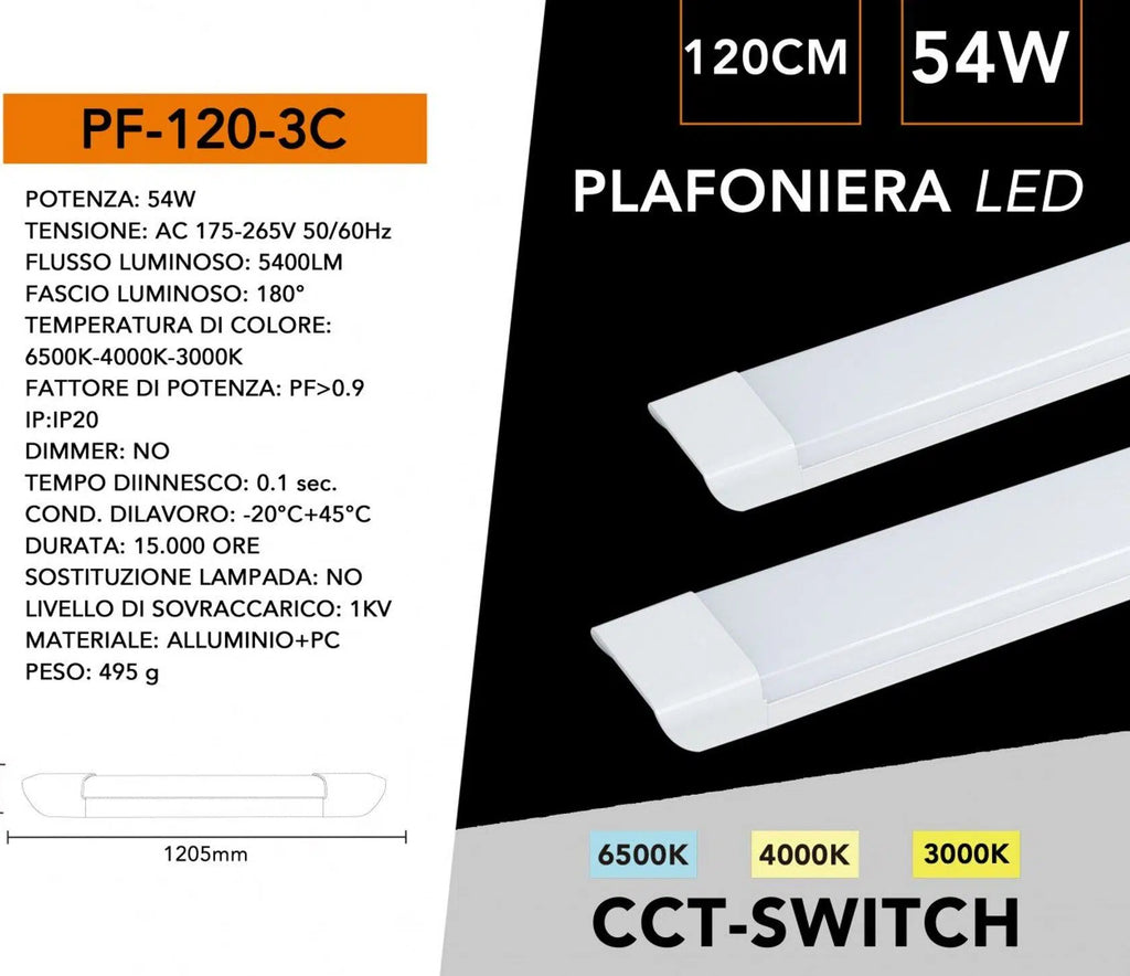 Plafoniera Lineare LED Alta Luminosità UNIVERSO 54W 120cm | CCT Switch 3000K-4000K-6500K IP20