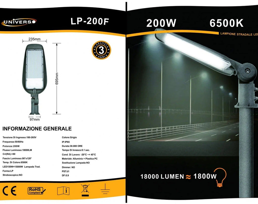 Proiettore Faro Armatura Stradale LED Universo 200W – con Snodo Incorporato, IP65, Luce Bianca Fredda 6500K