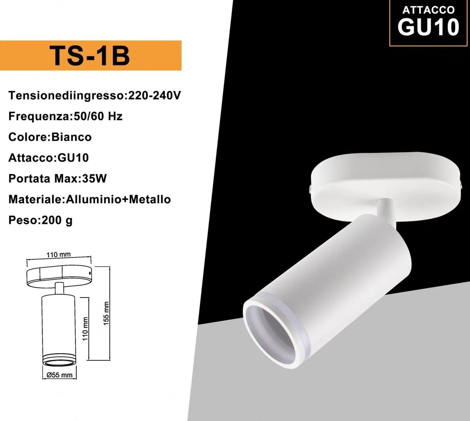 Applicata da Muro con Portalampada GU10 UNIVERSO TS-1B | Colore Bianco