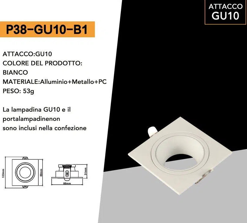 Portafaretto Quadrato Orientabile da Incasso UNIVERSO P38-GU10-B1 | Metallo Bianco per GU10/GU5.3