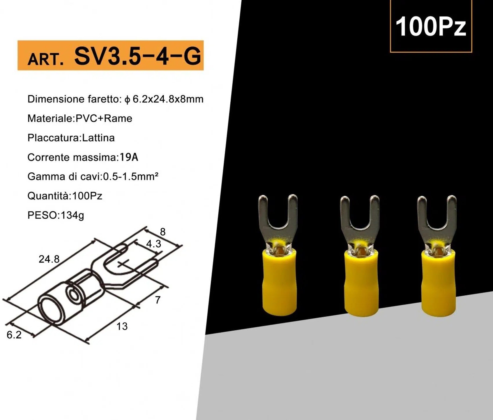 Confezione da 100 pezzi – Capicorda terminale a forcella isolato, a crimpare per cavi da 2,5 mm² a 4 mm², misura M4