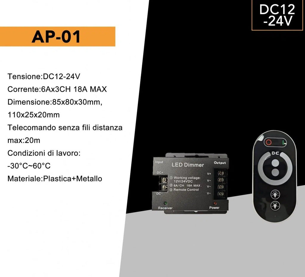 Controller Dimmer per Strisce LED Monocolore UNIVERSO AP-01 | DC 12-24V Telecomando 3 Canali 6A