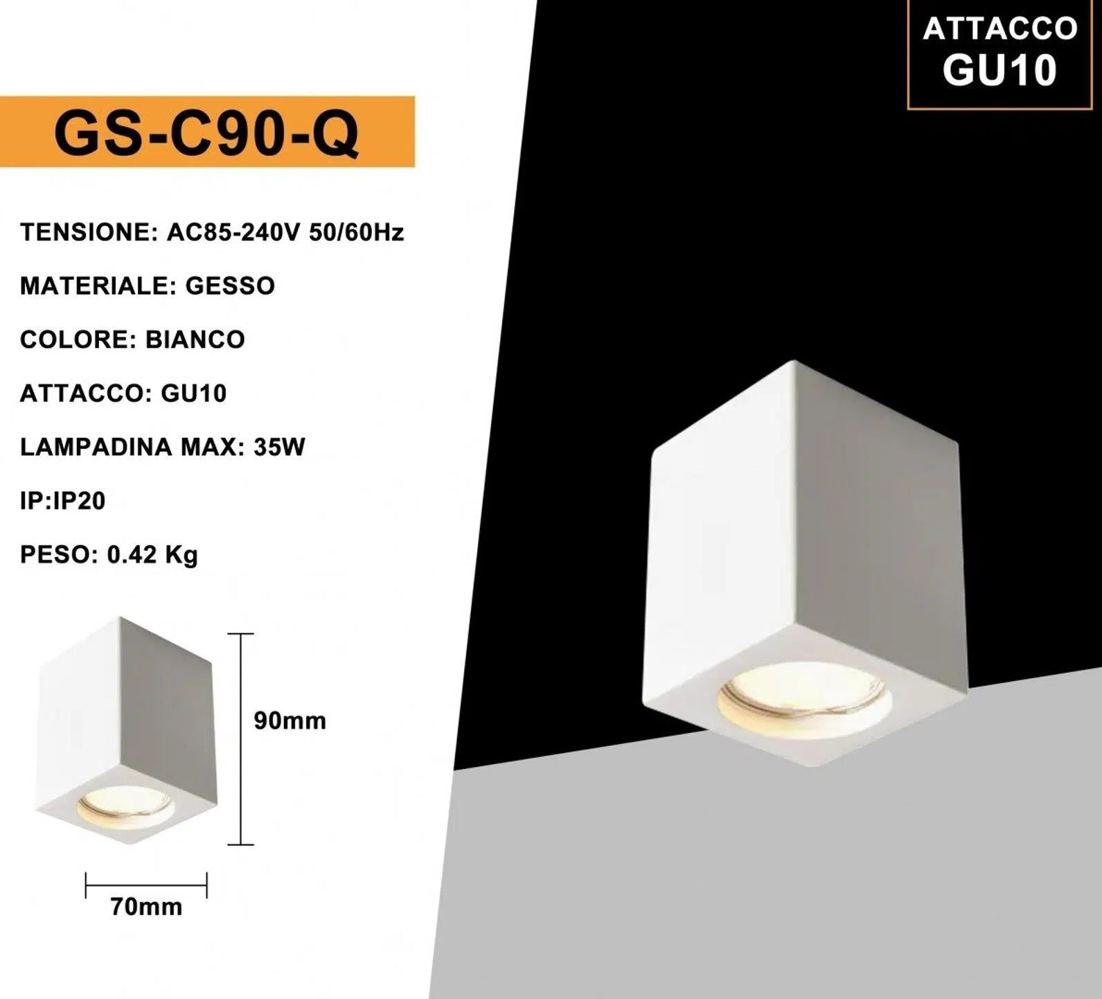 Portafaretto Quadrato in Gesso Verniciabile UNIVERSO GS-C90-Q | Montaggio Superficiale per GU10/GU5.3