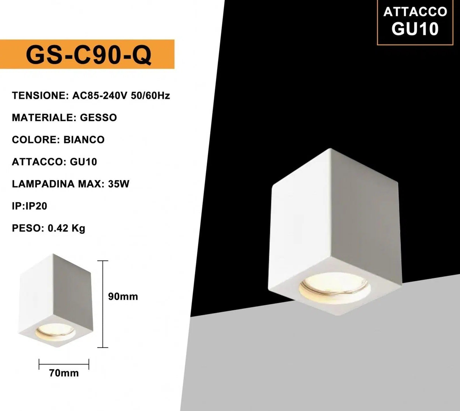Portafaretto Quadrato in Gesso Verniciabile Universo GS-C90-Q – Montaggio Superficiale per Lampadine GU10 e GU5.3