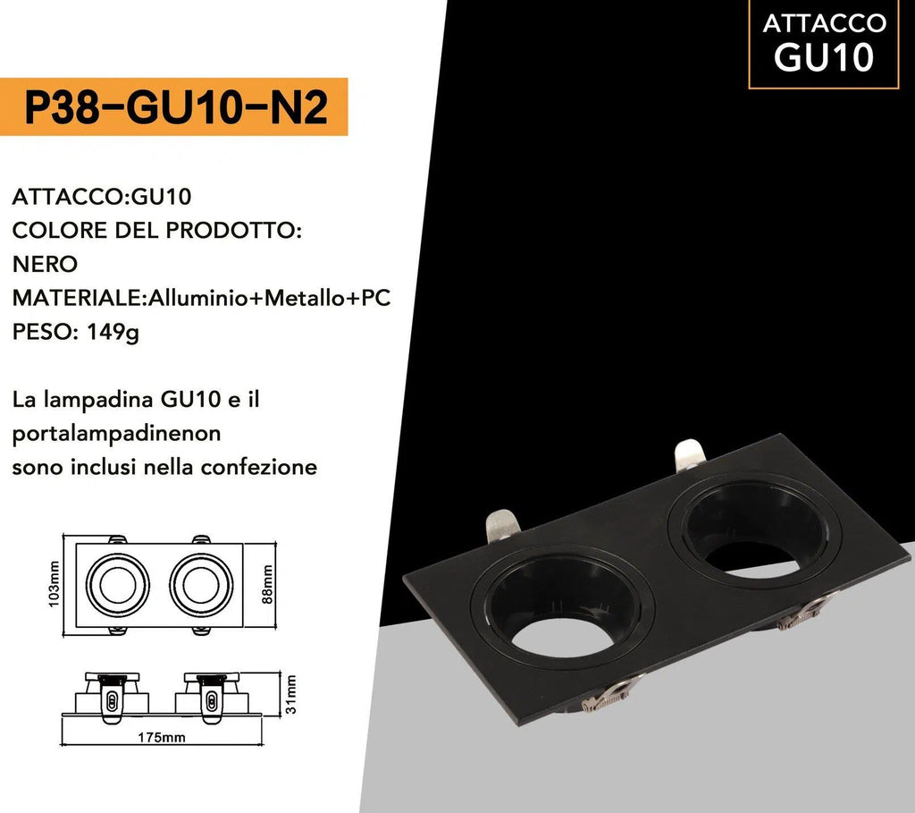 Portafaretto Doppio Rettangolare Orientabile da Incasso UNIVERSO P38-GU10-N2 | Metallo Nero per GU10/GU5.3