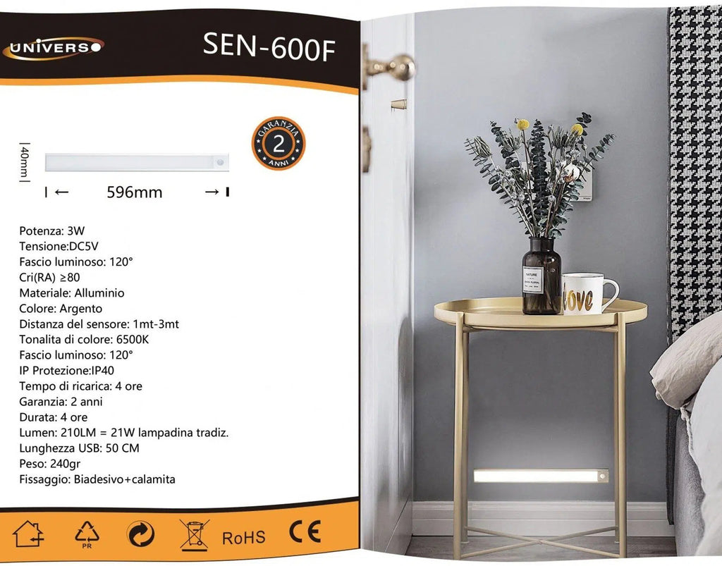 LAMPADA LED CALAMITATA DA PARETE PER CABINE ARMADIO 60CM ALIMENTATA A BATTERIE RICARICABILI CON SENSORE DI MOVIMENTO 3W 210 LUMEN